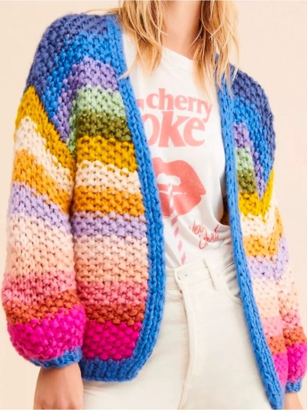 Listicle Multicolor Striped Chunky Cardigan with Blue Trim (C)